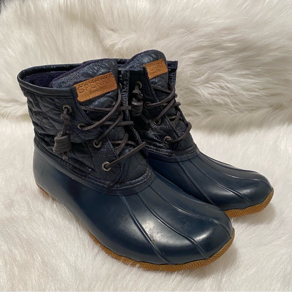 Sperry Duck Boots Women’s Size 7.5 M Rain Flats Blue Slip On Ankle Side Zip